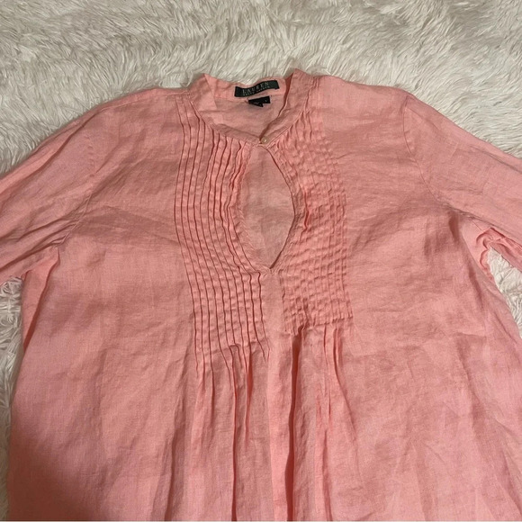 Lauren Ralph Lauren Linen Pink Pleated Open Front Key Hole Long Sleeve Blouse - Picture 4 of 12